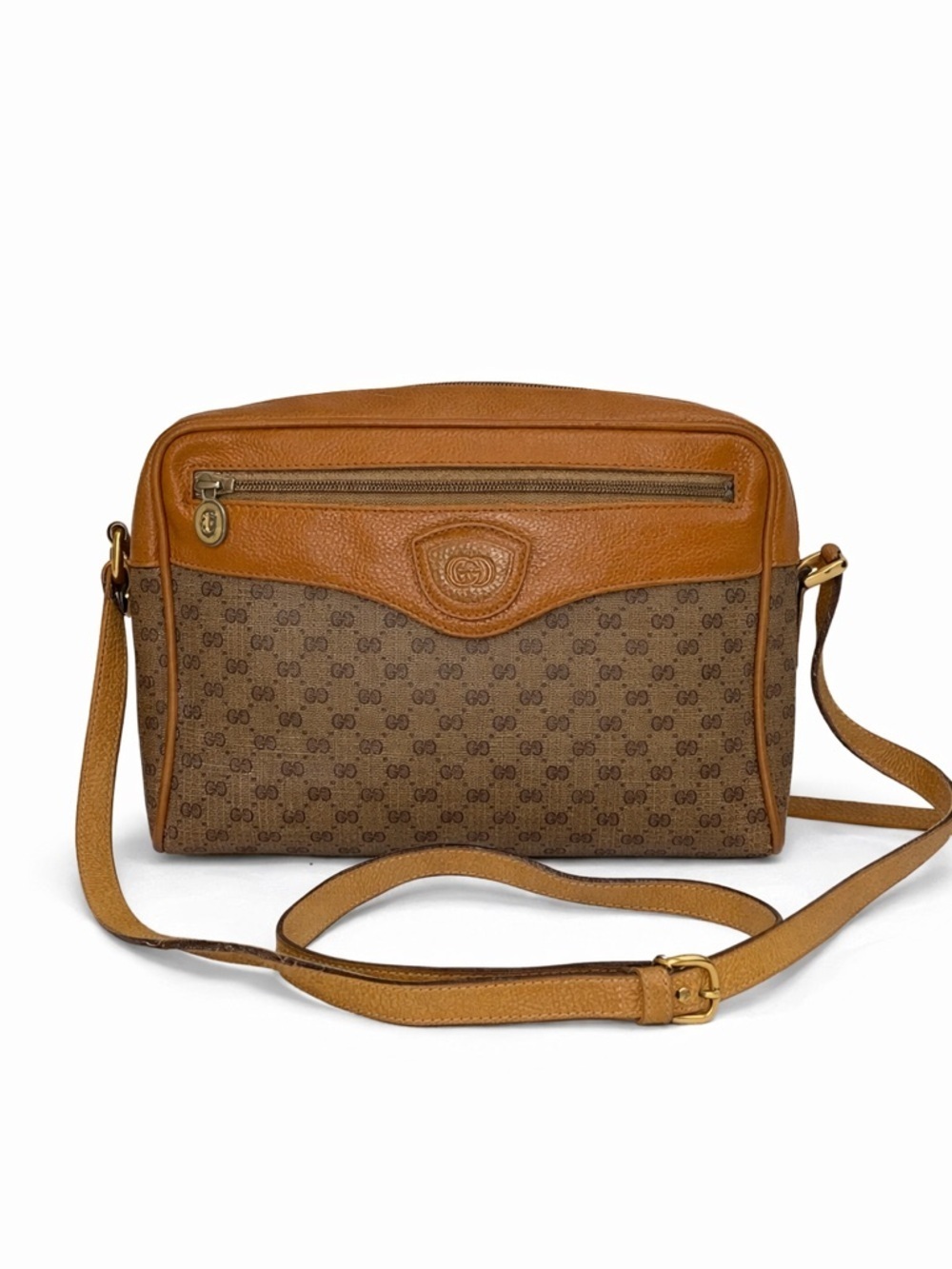 Gucci Vintage GG Monogram Canvas Crossbody Bag Brown Leather Trim Messenger - Picture 1 of 12